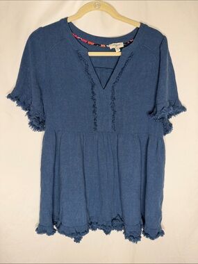 Umgee Blue Frayed Babydoll Peasant Top